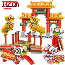 BZDA  Chinese  Lion  Dance  New Year  Blocks  Spring  Festival  Temple  Stage   Street  View Building Block  Kids Toys 7 Figures 2024 - buy cheap
