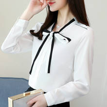 Blusa blanca de manga larga para mujer, camisa de gasa con lazo y cuello en V para oficina, C13, 2021 2024 - compra barato