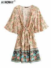 Mini vestido boêmio estampa floral, feminino, estilo vintage, com decote em v, manga morcego, com borla, estilo boho 2024 - compre barato