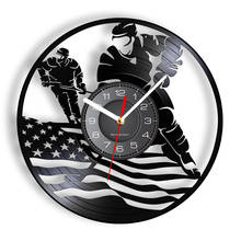 Reloj de pared de Hockey con bandera patriótica de EE. UU., reloj de pared con disco de vinilo americano, Hockey sobre hielo, deportes, decoración del hogar contemporáneo 2024 - compra barato