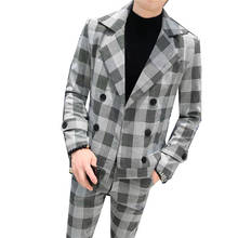 Men's Autumn Winter Double Breasted Plaid Slim Suit 2 Pieces Sets Jacket Trousers / High Quality Men's Dress Blazer Coat Pants 2024 - buy cheap