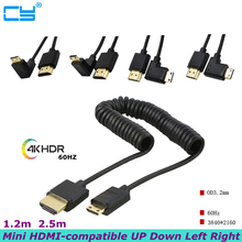 Buena calidad 4K * 2K @ 60HZ OD 3,2mm Mini HDMI a HDMI Cable espiral HDMI 2,0 a 90 grados Mini HDMI resorte de tensión HD Cable 1M 2,5 M 2024 - compra barato