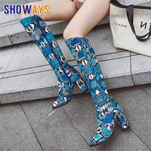 Winter Women Faux Snakeskin Knee High Boots Blue Grey Brown Round Toe Block Chunky Heels Casual Party Zipper Fur Lady Long Boots 2024 - buy cheap