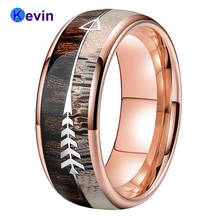 Anel de casamento prezado antler, anel de tungstênio e ouro rosado com setas zebra de madeira, incrustação de madeira, 8mm, fit confortável 2024 - compre barato