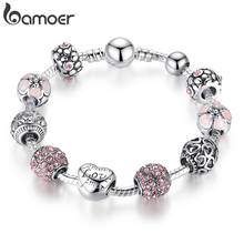BAMOER Silver Plated Charm Bracelet & Bangle with Love and Flower Beads Women Wedding Jewelry 4 Colors 18CM 20CM 21CM PA1455 2024 - купить недорого