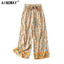 Pantalones de pierna ancha con estampado floral para mujer, calzas largas holgadas de rayón, Estilo Vintage, bohemio, happie 2024 - compra barato