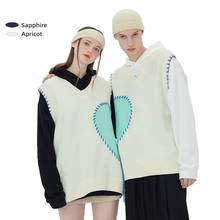 Korean Style Sweater Vest Men Women Harajuku Vintage Contrasting Colors O-neck Knitted Vest Unisex Heart Oversized Couples Tops 2024 - buy cheap