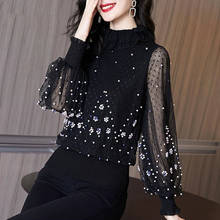 Blouse Autumn Loose  Women's Clothing Beaded Chiffon Shirt Long-Sleeved T-shirt Women's Top Blusas Mujer De Moda 2024 - buy cheap