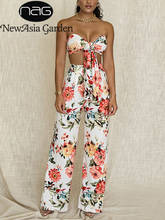 NewAsia Floral Crop Top Long Pant Two Piece Set Women Summer Sexy Off Shoulder Knotted Tops Wide Leg Pants Party 2 Piece Sets 2024 - buy cheap