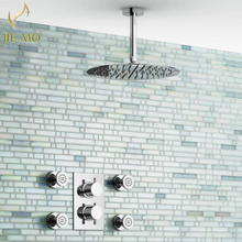 Conjunto de ducha termostática de baño con montaje en el techo, grifo de ducha de latón, cabezal de ducha redondo Ultra delgado con 4 chorros de cuerpo de masaje H9688