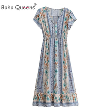 Boho Queens Women V-neck Floral Print Beach Bohemian Maxi Dress Ladies Long Sleeve Summer Vestidos 2024 - buy cheap