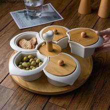 White Ceramic with Turntable Five Grid Fruit Plate with Wooden Lid Rotatable Snack Platter Dessert Snack Tray Fruit Plate Set 2024 - buy cheap