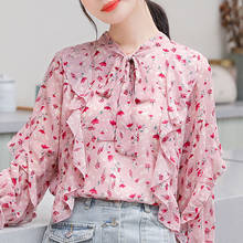 Blusa feminina manga comprida com babados, camisa de chiffon estampa para mulheres d378 2024 - compre barato
