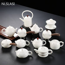 Качественный белый фарфоровый чайник ручной работы, белый чайник с деревянной ручкой цвета слоновой кости, чайный набор, китайский чайник для чайной комнаты, инструмент для этикета, чайник 2024 - купить недорого