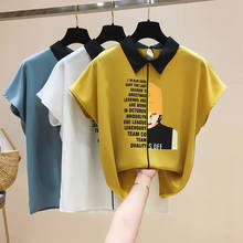 Camisa feminina chiffon com estampa escrita, camisa feminina folgada de estilo coreano e de manga curta para verão 2020 2024 - compre barato