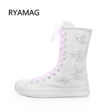 Ryamag 2022 New Women's Canvas Boots mid calf Dance flat boots  Embroidery Fashion Folk-custom Zipper Vulcanize Sneakers 2024 - buy cheap