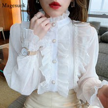 Korean Ruffled Lace Chiffon Shirt Women Elegant Chic Long Puff Sleeve Lady Blouses Tops Stand Collar Shirts Clothes Blusas 13433 2024 - buy cheap