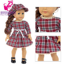 Vestido a cuadros rojo oscuro para niña, muñeca de 18 pulgadas con gorro de boina, 43 Cm, vestido de otoño 2024 - compra barato