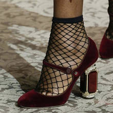 Sapatos de salto mary jane com strass, calçado largo e enfeitado de veludo real para mulheres. sandália transparente e tornozelo 2024 - compre barato