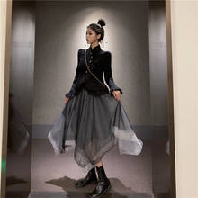 Gothic Two Pieces Dress Women Dress Suits Long Sleeve Slim Ruffled Black Shirt&Irregular Mesh Skirt Sets Vintage 2pc Skirt Suit 2024 - buy cheap