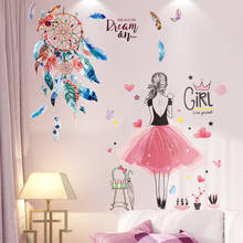 Shijuekongjian-pegatinas de pared de dibujos animados para niña, atrapasueños, plumas, Mural, calcomanías para habitaciones de niños, decoración de la casa del dormitorio del bebé 2024 - compra barato