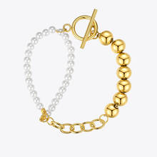 Enfashion pulseira com contas de pérola feminina, bracelete de cor dourada 2020 joias fashion aço inoxidável pulseira de natal b2216 2024 - compre barato