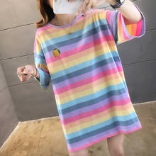 Plus Size Rainbow Stripe Camiseta Mulheres tops 2020 verão Casual Solto Bordado camisa Oversize t T-shirt Longo do Algodão Streetwear 2024 - compre barato