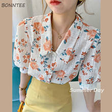 Blouses Women Summer Printed Elegant Puff Sleeve Turn-down Collar Retro Korean Style Casual Chic Womens Fashion Shirts Holiday 2024 - buy cheap