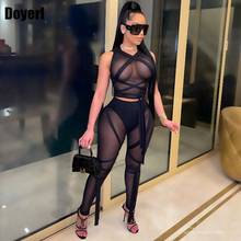 Sexy Sheer Mesh Two Piece Pants Set Summer Club Outfits for Women Party Cubwear Crop Top Bandage Leggings 2 Piece Matching Set 2024 - buy cheap