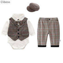 Vintage Boys Clothes Set Baby Clothing Infant Suit Baby Boys Outfits Gentleman Plaid Bow Tie Rompers Vest Pants Baby Formal Set 2024 - buy cheap