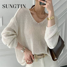 Женский свободный сплошной пуловер свитер с V-образным вырезом Sungtin, элегантный тонкий джемпер с длинными рукавами в Корейском стиле, весна-лето 2021 2024 - купить недорого
