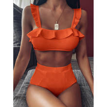 Conjunto de biquíni feminino de cintura alta com babado, sete roupas de banho sexy brasileiros de verão, body vintage com bojo 2024 - compre barato