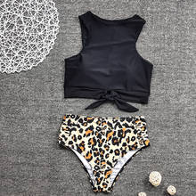 Sexy frente tie bikini 2020 feminino leopardo push up acolchoado duas peças maiô retro trajes de banho cintura alta biquini 2024 - compre barato