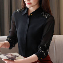 Blusas Mujer De Moda 2021 Long Sleeve Blouse Women Turn Down Collar Black Blouse Embroidery Chiffon Blouse Shirt Tops Women C970 2024 - buy cheap
