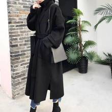 Зимнее элегантное шерстяное Женское пальто в Корейском стиле, Черное длинное винтажное минималистичное шерстяное пальто верблюжьей расцветки, одежда 2021 2024 - купить недорого