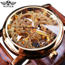 Winner Transparent Golden Case Luxury Casual Design Brown Leather Strap Mens Watches Top Brand Luxury Mechanical Skeleton Watch 2024 - buy cheap