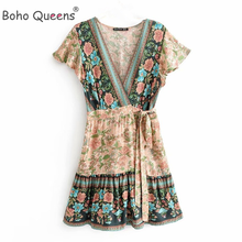 Boho Queens Women Floral Print V-neck Rayon Cotton Vacation Bohemian Mini Dresses Ladies Short Sleeve Wrap Beach Dress Vestidos 2024 - buy cheap