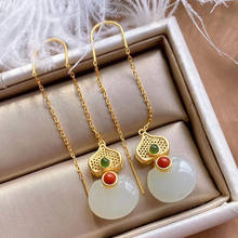 Pendientes de Jade de calabaza para mujer, aretes de plata de ley Hetian, elegantes, largos y complejo, aretes clásicos de estilo chino 2024 - compra barato