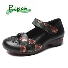 Peipah bombas de couro genuíno feminino plus size 36-41 sapatos de salto baixo mulher primavera/outono decoração artesanal bombas de couro de vaca 2021 2024 - compre barato