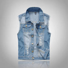 Spring and Summer Mens Casual Blue Denim Vest Male Single Breasted Jean Vest Youth Handsome Hole Denim Jacket Plus Size S-6XL 2024 - buy cheap