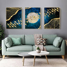 Arte de pared de Luna abstracta, pintura nórdica de pájaros de montaña dorada, carteles e impresiones, imágenes de pared para sala de estar, decoración del hogar 2024 - compra barato