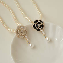 Pearl Necklace Black White Camellia Pendant Beaded Women's Sweater Chain Girl Party Vintage Romantic Jewelry Gift Accessories
