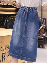 Beiyingni Vintage Denim Skirt Drawstring High Elastic Waist Pockets Streetwear Midi Jeans Skirts Women Oversized Split Bottoms 2024 - buy cheap