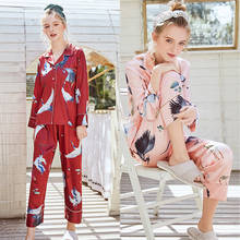 Conjunto de pijamas femininos manga comprida, pijamas de fadas com estampa em guindaste, roupas de dormir cetim de imitação de seda 2024 - compre barato