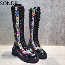 Womens Genuine Leather Rhinestones Diamond Rainbow Colors Knee Thigh Boots Platform Chunky High Heel Shoes Luxury DIY New  2022 2024 - buy cheap