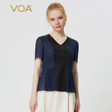 VOA Silk 19 M/m Jacquard Collar Blue Georgette Folds Splicing Breathable Home Short-sleeved T-shirt BE118 Shirts for Women 2024 - buy cheap