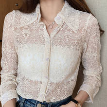 Blusa blanca con bordado Floral para mujer, camisa de encaje de manga larga con solapa, Top hueco coreano, elegante, Primavera, 2021, nueva moda, 13125 2024 - compra barato