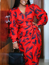Vestido estampado feminino elastic manga comprida elástico cintura alta gola v elegante escritório vestido para mulheres estilo africano 2024 - compre barato