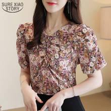 Office Floral V Neck Pleated Women Blouse Korean Pullover Tops Blusas 2021 Summer Chiffon Puff Short Sleeve Women Shirts 10173 2024 - buy cheap