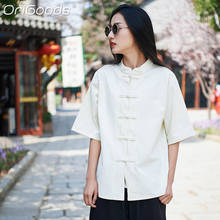Женская винтажная рубашка OriGoods, однотонная белая блузка из хлопка и льна в китайском стиле, модель B266 на лето, 2019 2024 - купить недорого